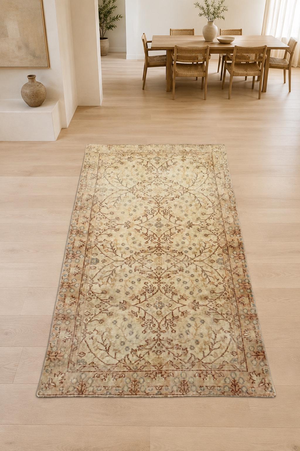Vintage Turkish Area Rug, 3.4x6.7 ft, Ivory Rust Blue, Floral Vine Lattice