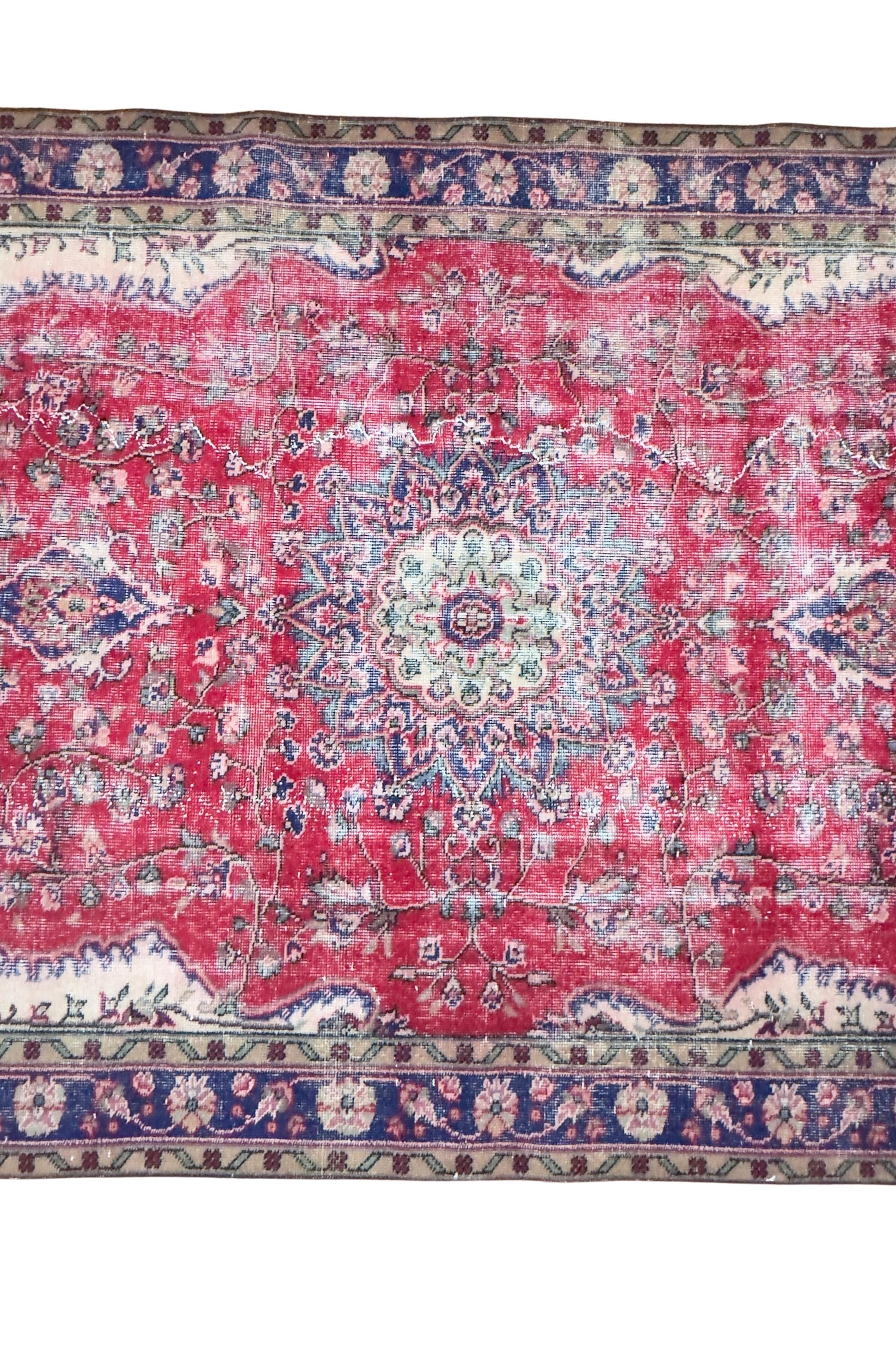 Vintage Turkish Area Rug, Hand-Knotted Wool Medallion, Faded Crimson Red Navy, 6x9 ft – view 15