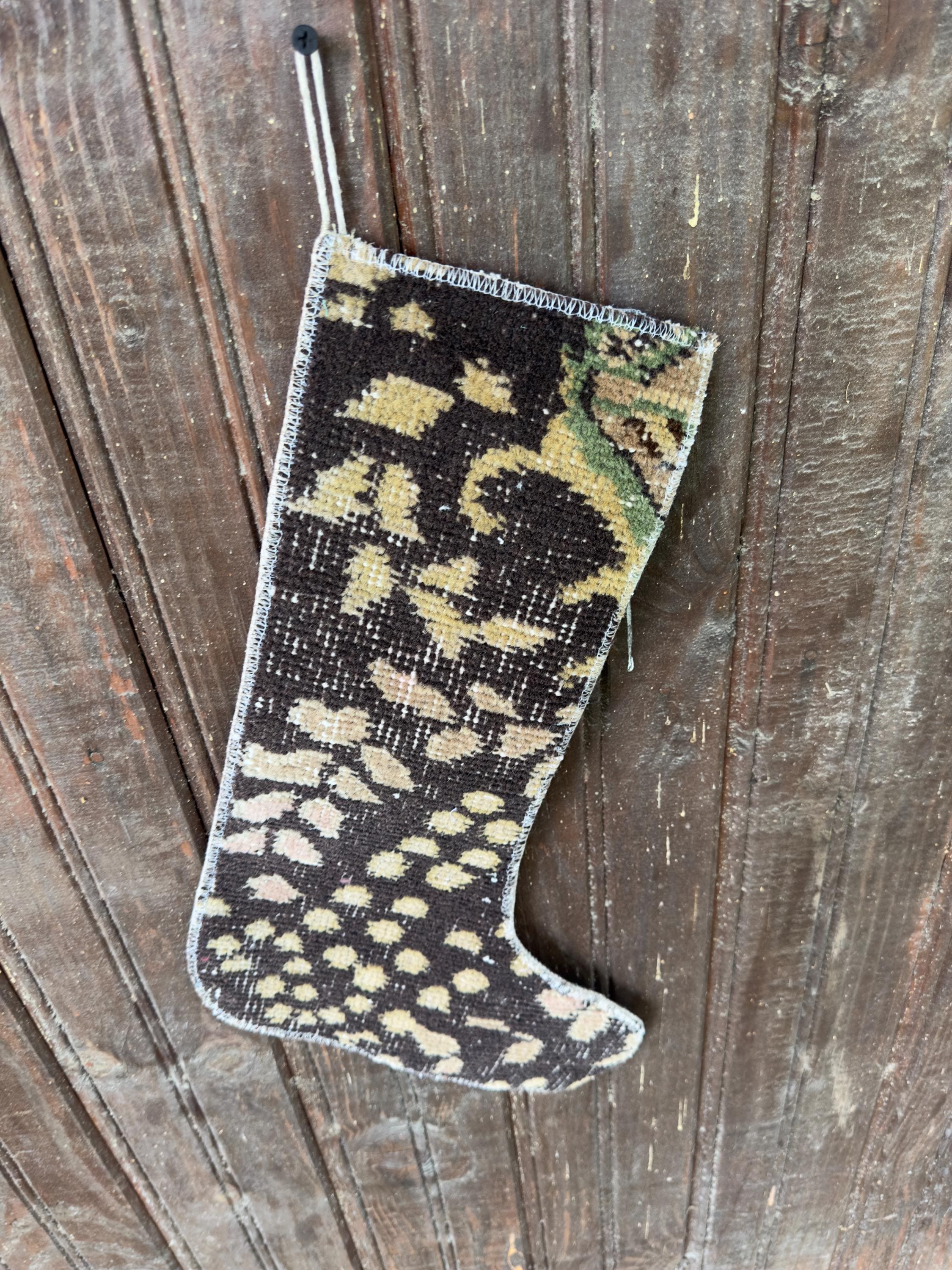Vintage Turkish Rug Christmas Stocking, Espresso Brown Mustard Gold, Blush Olive Floral, 12.2x18.1 in – view 6