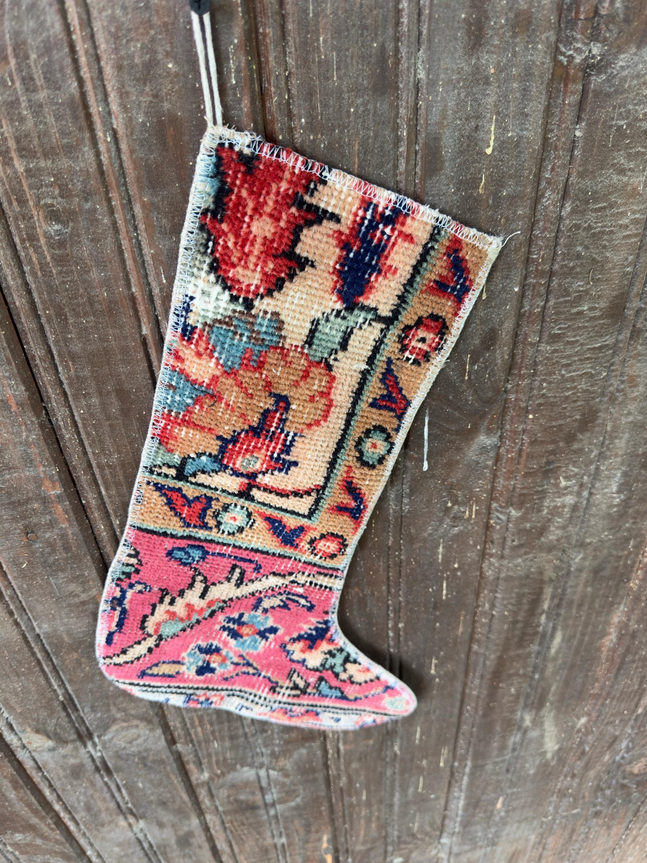 Christmas Stocking, Vintage Turkish Rug, Floral Ivory Red Raspberry Pink, 17 in in ivory, red, pink, finished edge detail