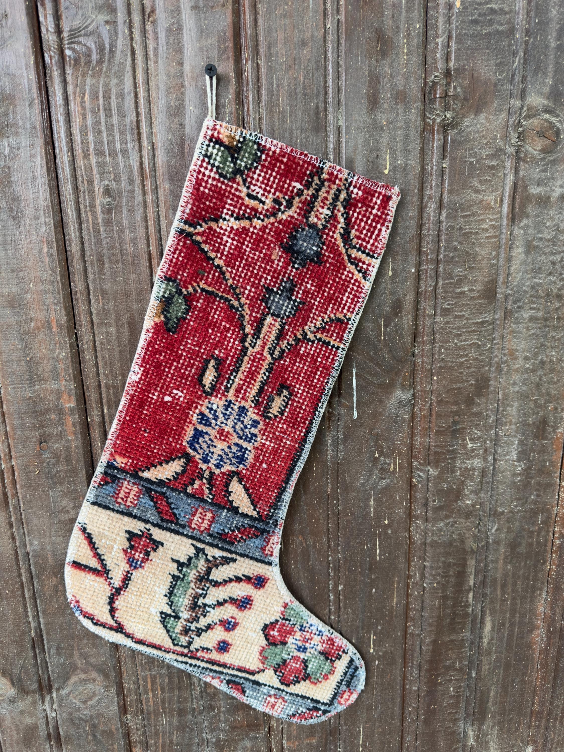 Vintage Turkish Rug Christmas Stocking, Bohemian Red Floral, Cream Blue Green, 12.6x18.1 in – view 3