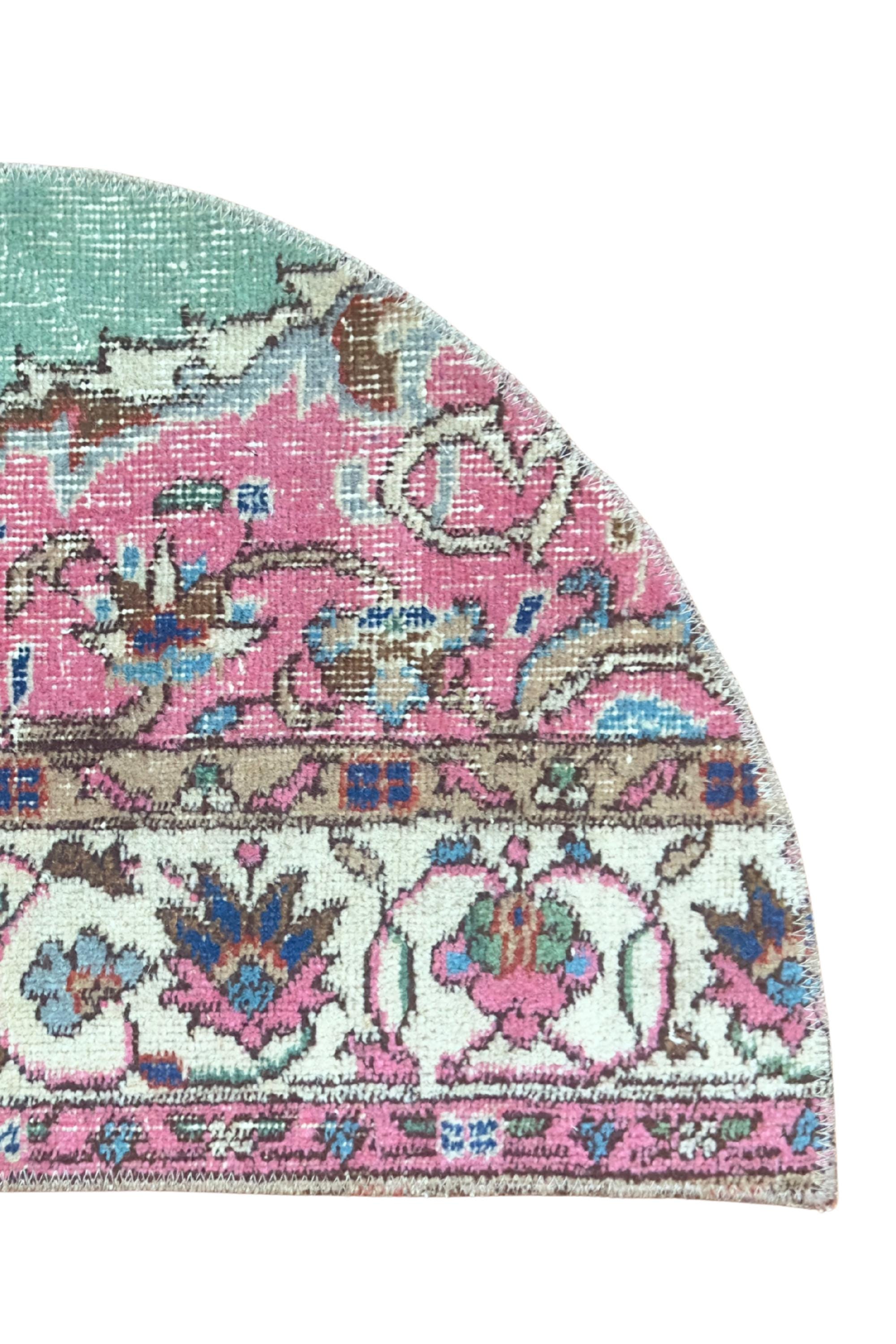 Vintage Turkish Door Mat, Hand-Knotted Wool Medallion, Distressed Pink Cream, 18x30 in – view 5