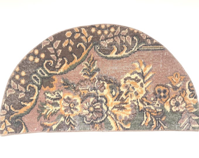 18x33 Inch Vintage Semicircle Rug Turkish Wool Floral Entryway Mat