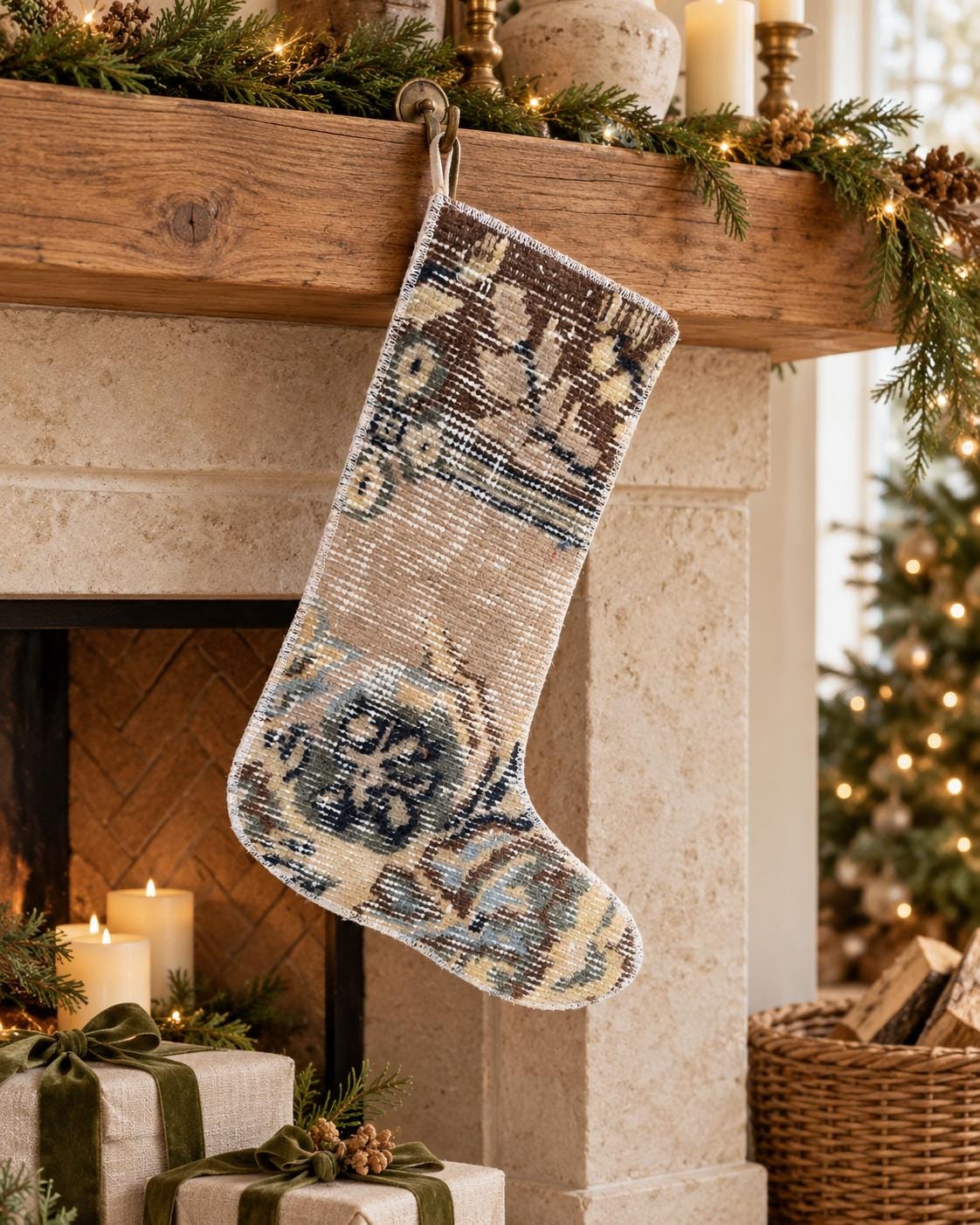 Christmas Stocking, Vintage Turkish Rug, Faded Beige Brown Navy Blue, 17 in in beige, brown, blue, navy, full front view
