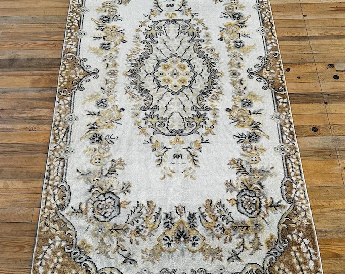 Vintage Handmade Wool Turkish Rug: 4x7 Beige Oushak Rug