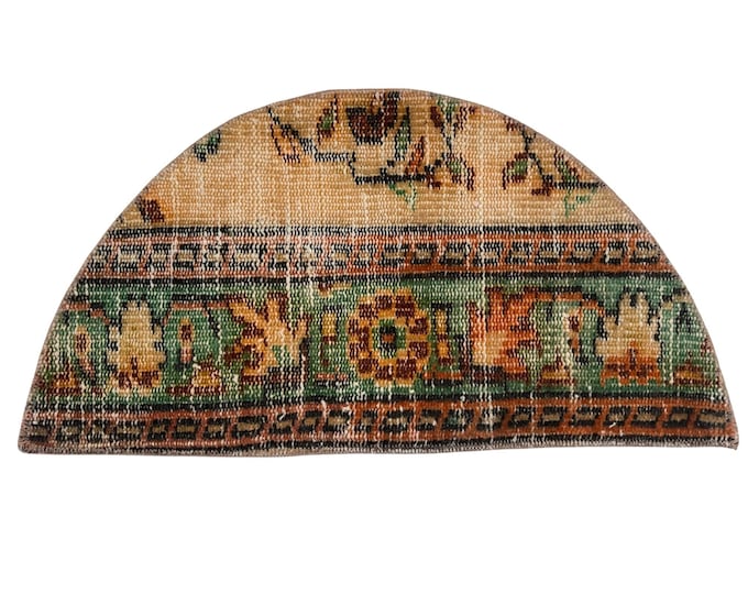 Vintage Handmade Wool Semicircle Doormat Green Custom Doormat Boho Home Decor