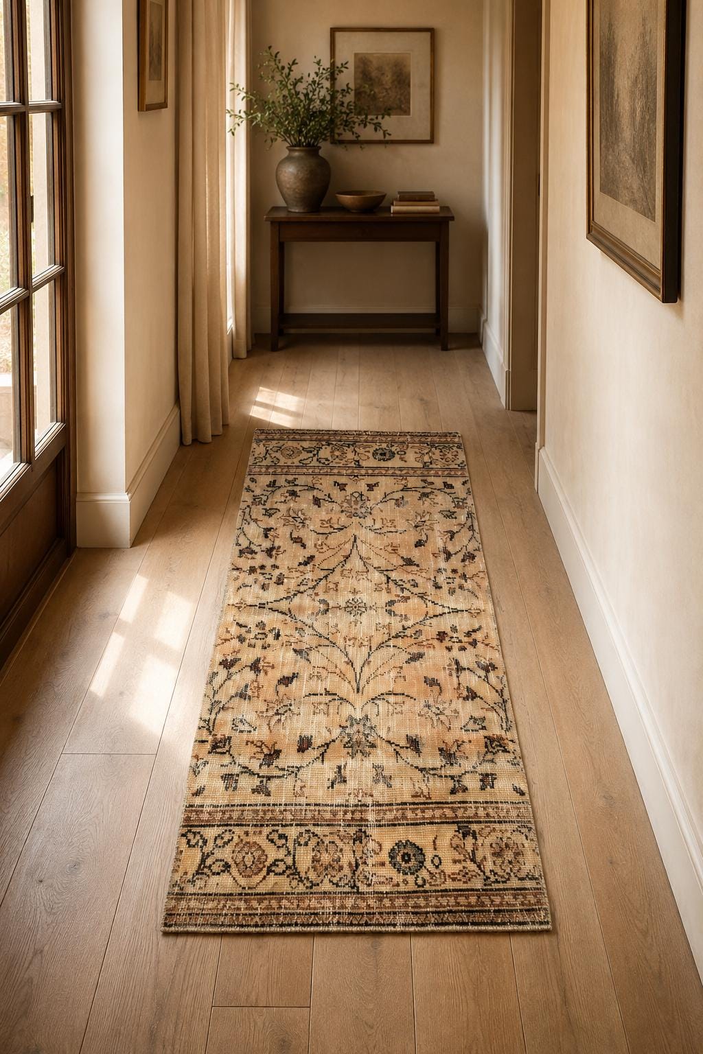 Vintage Turkish Isparta Runner Rug, Hand-Knotted Wool Tree-of-Life, Faded Beige Navy, 75x185 cm – view 2