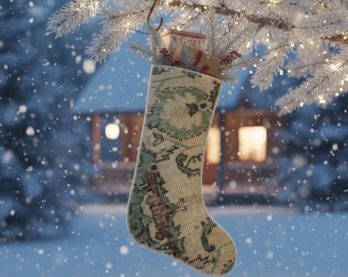 Vintage Turkish Rug Christmas Stocking | Beige Green Upcycled Carpet | Boho Holiday Decor