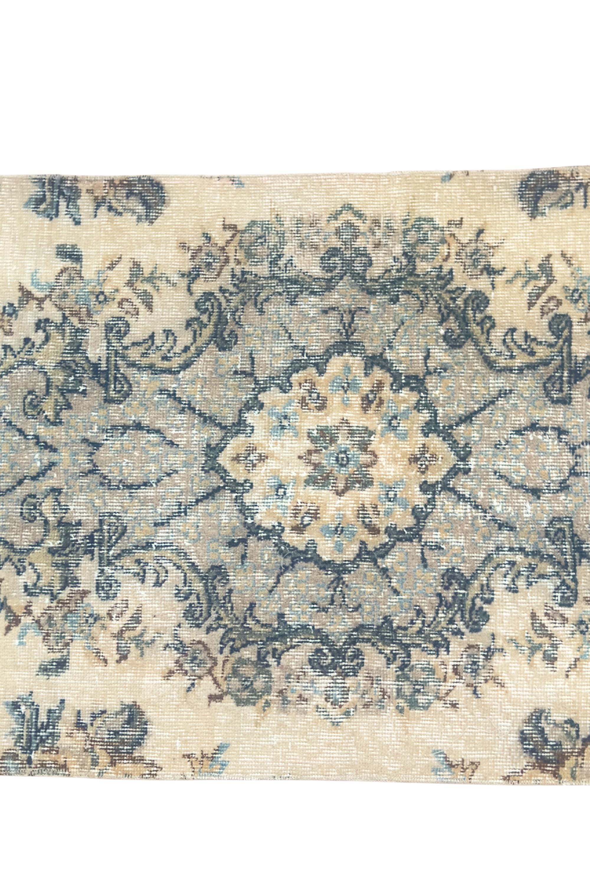 Vintage Turkish Runner Rug, Hand-Knotted Wool Floral Medallion, Faded Slate Blue Ivory, 2.8x9 ft – view 11