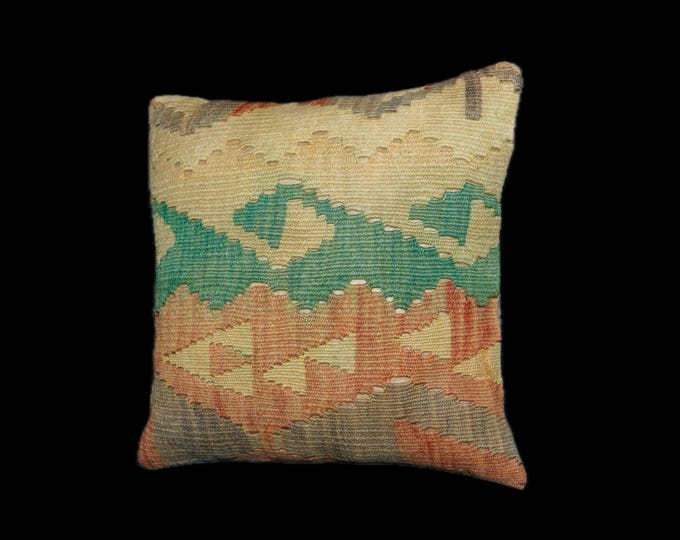 16x16 Geometric Kilim Pillow Cover, Green Beige Vintage Boho Cushion