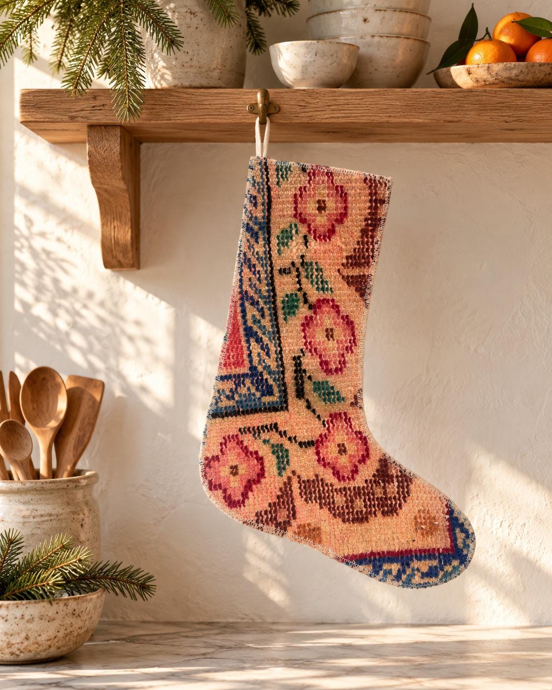 Christmas Stocking, Vintage Turkish Rug, Traditional Floral Medallion Pink Burgundy, 16 in