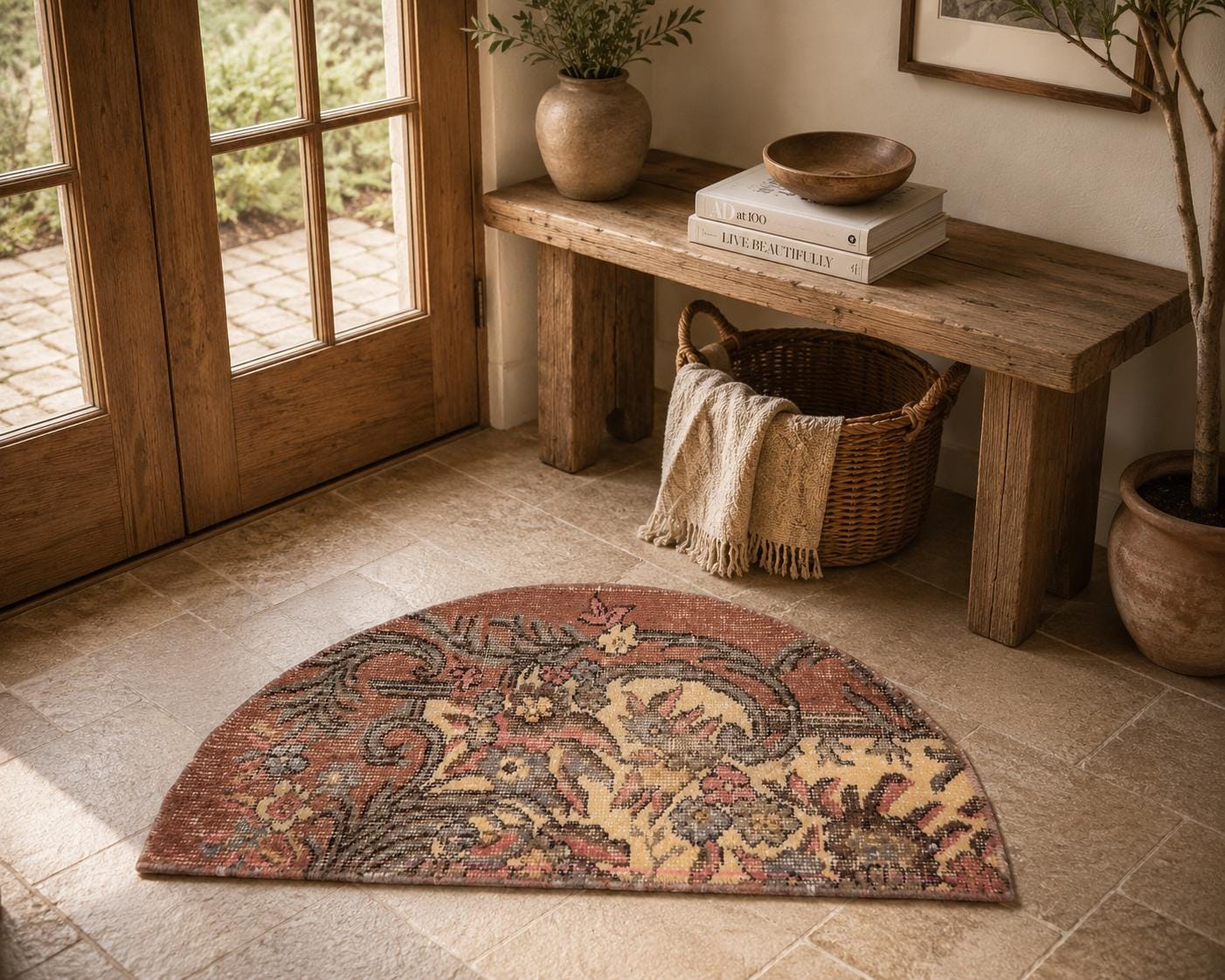 Vintage Turkish Semicircle Rug, Handwoven Wool Botanical, Dusty Rose Mauve Ivory, 1.5x2.5 ft