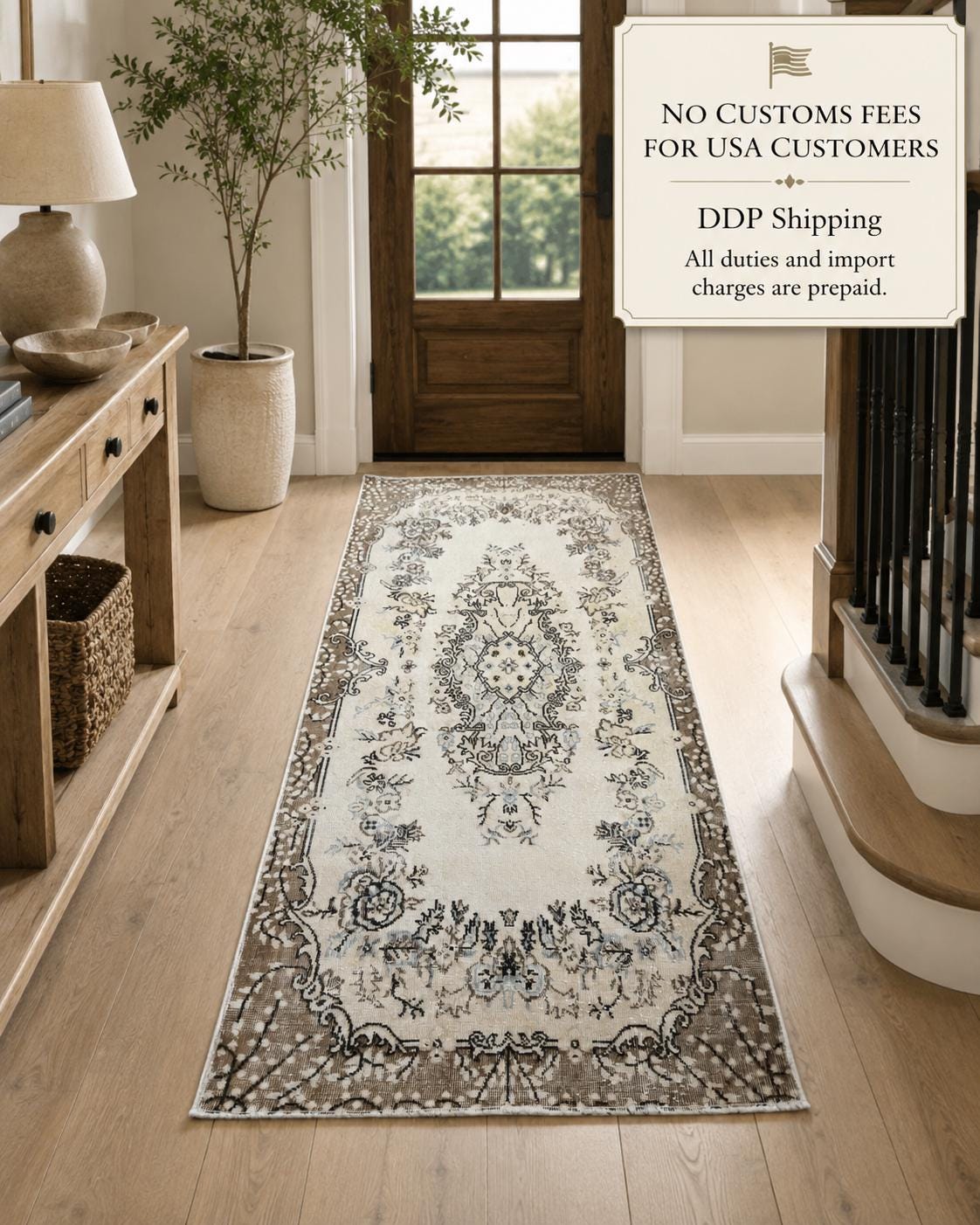Vintage Turkish Isparta Rug 1979, Hand-Knotted Wool Medallion, Cream Brown Floral, 3.6x7 ft