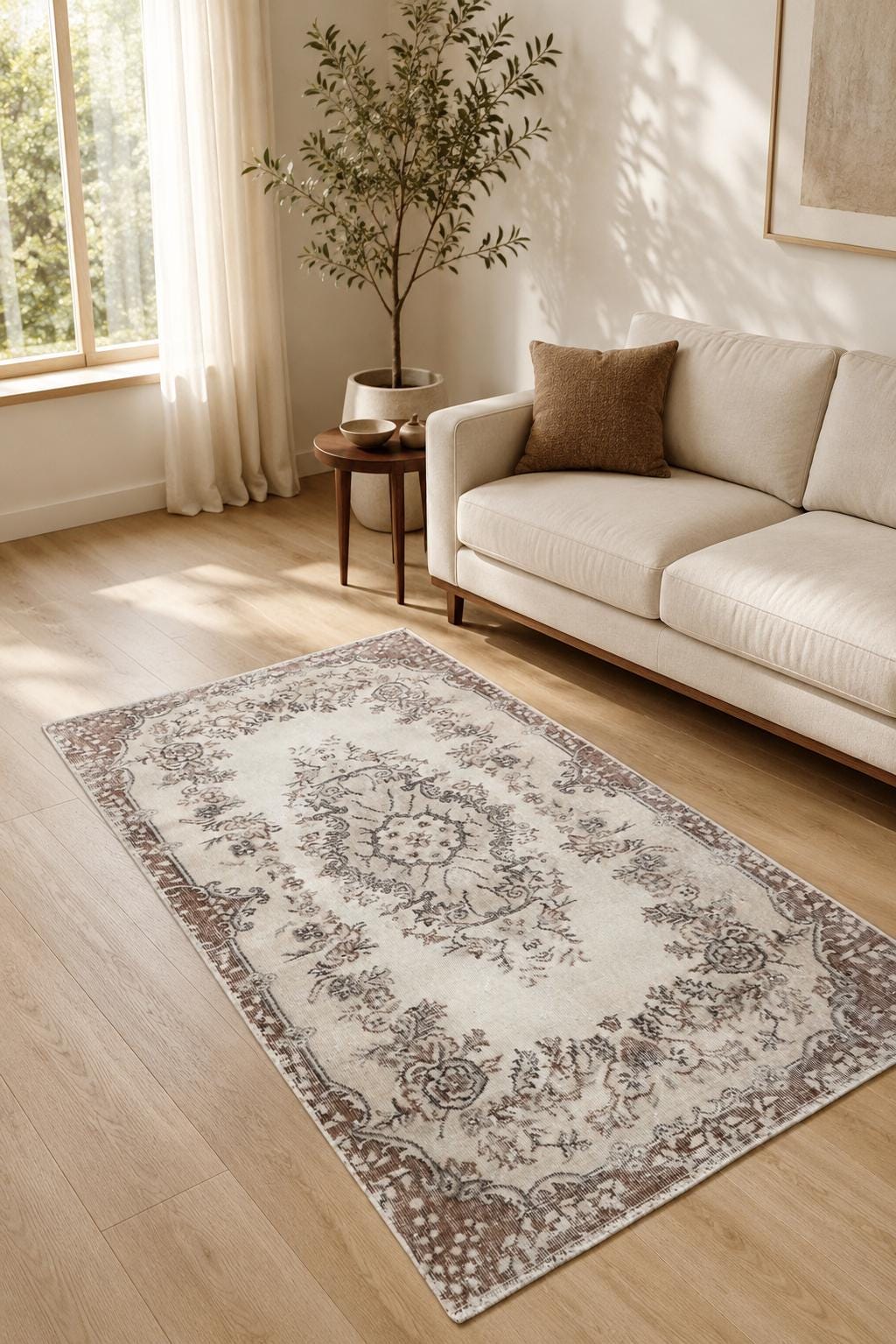 Vintage Turkish Rug, Hand-Knotted Cream Medallion Rose Floral Border, 3.5x6.4 ft