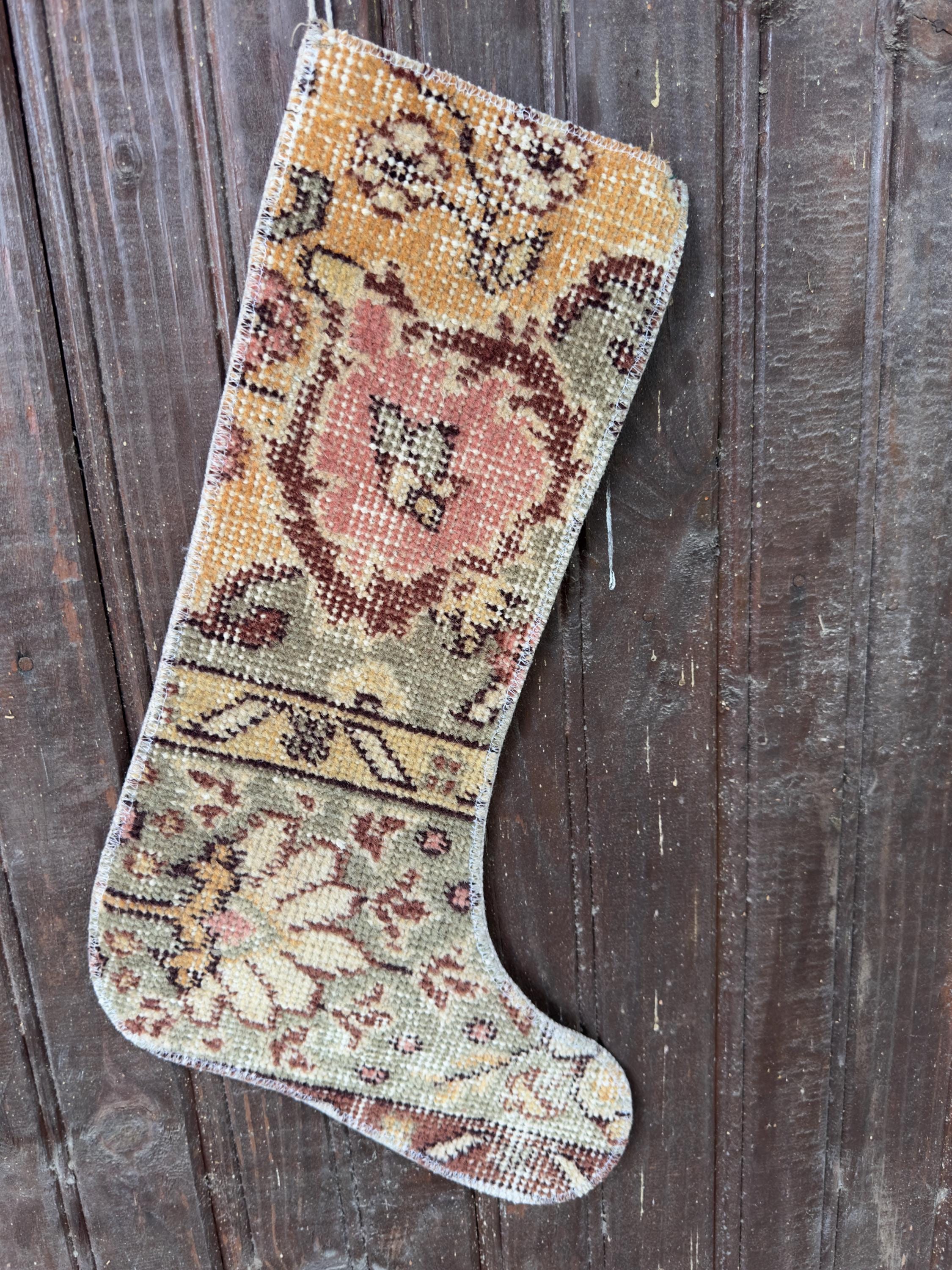 Vintage Turkish Rug Christmas Stocking, Farmhouse Floral Medallion, Mustard Pink Sage, 12.2x18.5 in – view 6