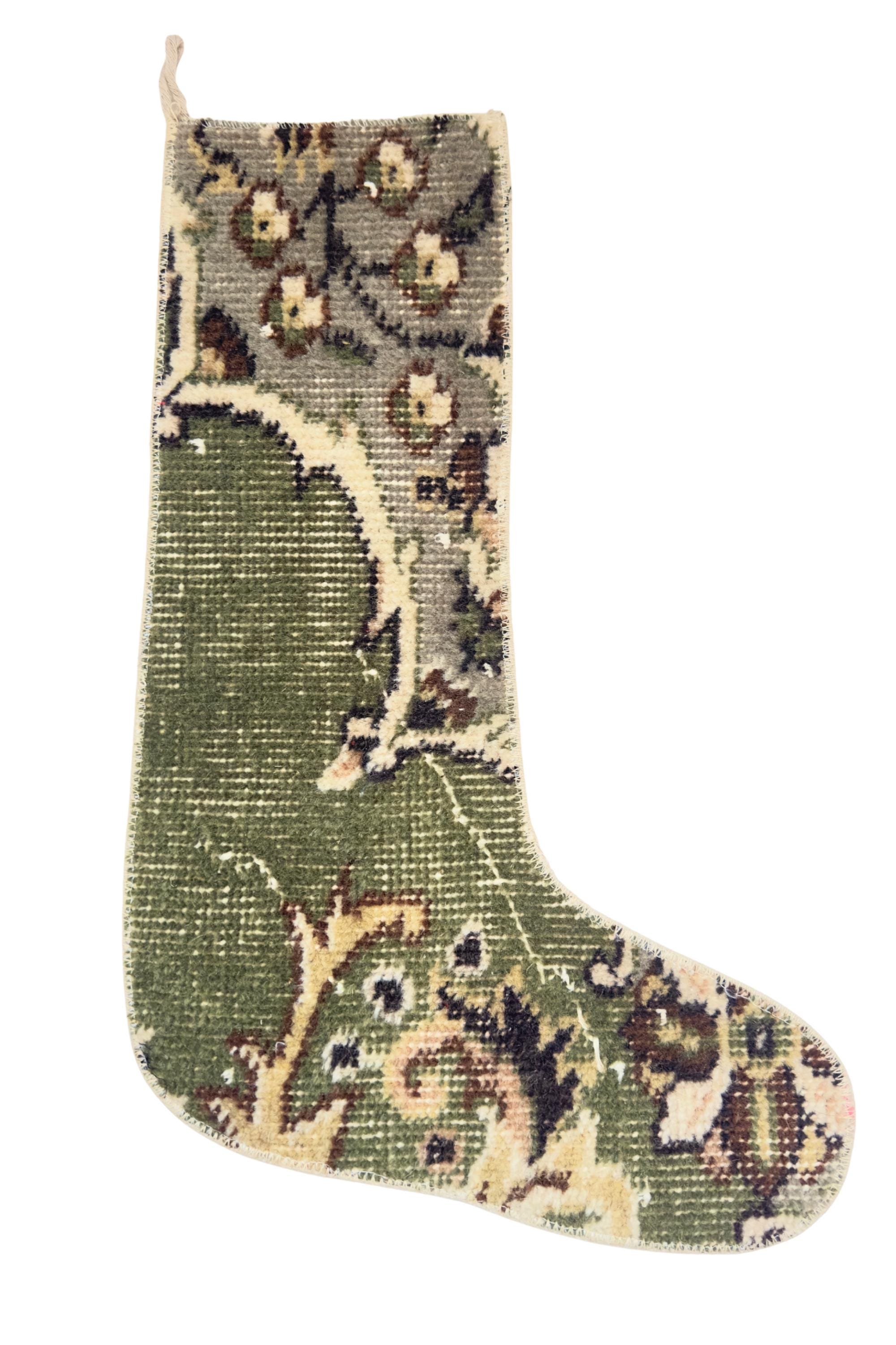 Turkish Rug Christmas Stocking, Handmade Vintage Anatolian Wool, Sage Green, Boho Rustic Fireplace Decor – view 6