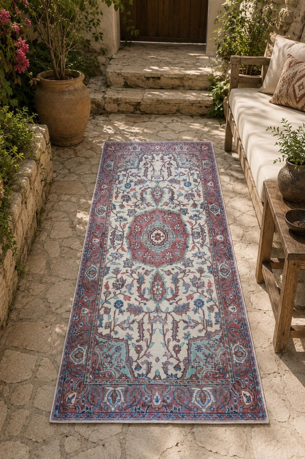 Vintage Turkish Rug, 3x6 Hand Knotted Wool, Dusty Rose Floral Medallion, Victorian Entryway Rug