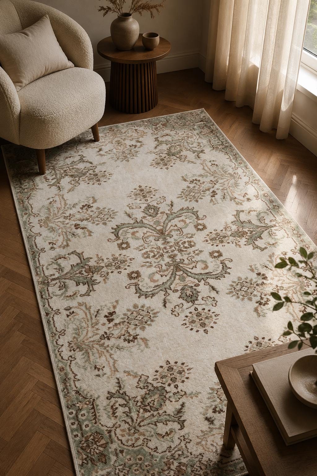 Vintage Turkish Isparta Rug 1979, Hand-Knotted Wool Floral, Ivory Sage Green, 3.6x6.3 ft – view 2