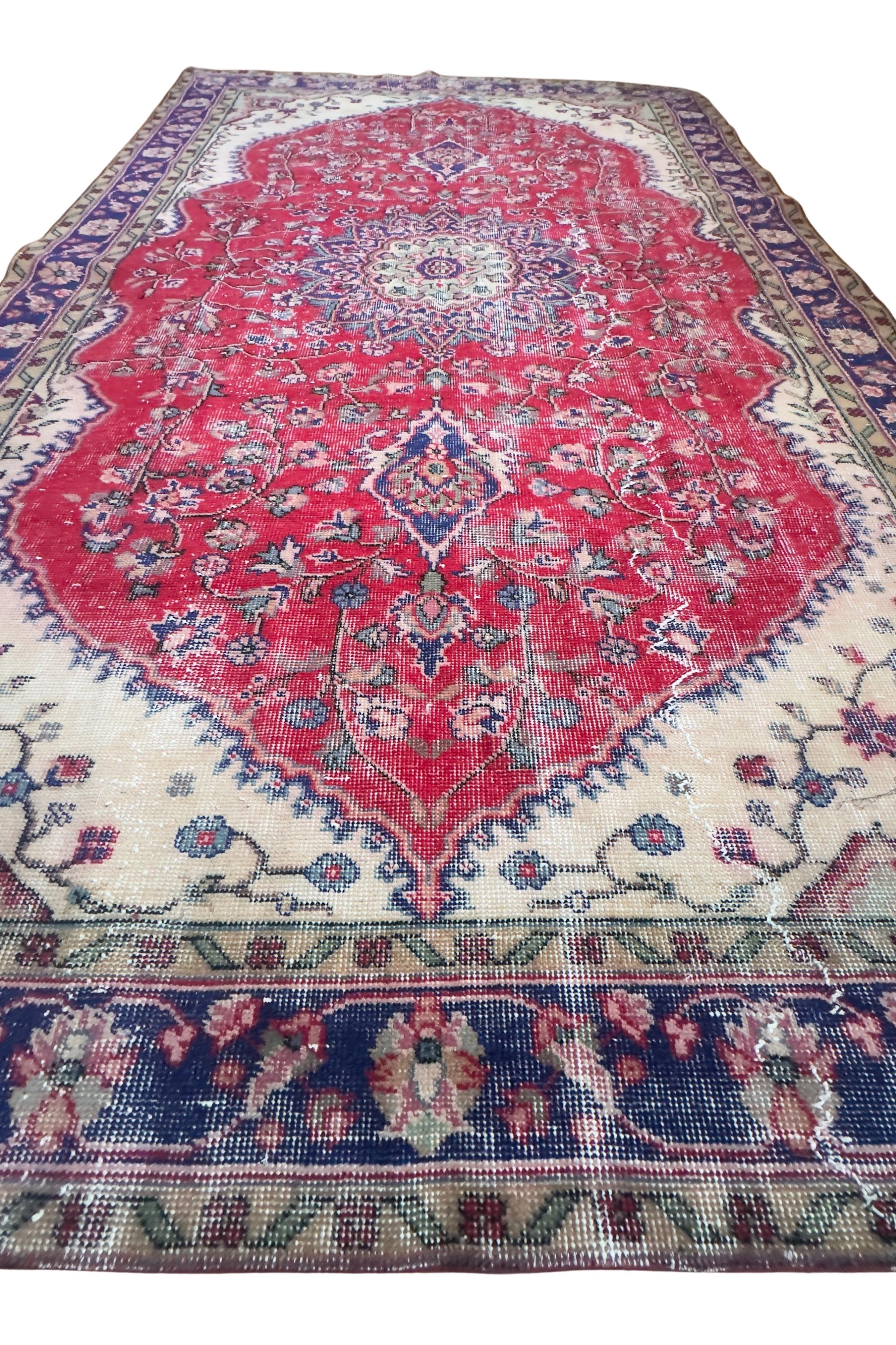 Vintage Turkish Area Rug, Hand-Knotted Wool Medallion, Faded Crimson Red Navy, 6x9 ft – view 7
