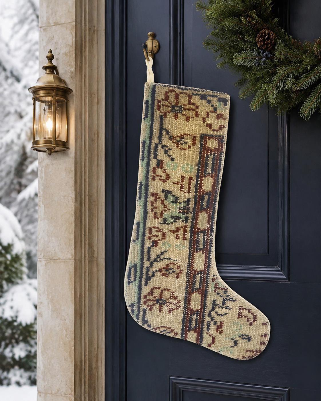 Turkish Rug Christmas Stocking, Handmade Vintage Anatolian Wool, Boho Fireplace Decor, Burgundy, Rustic Gift