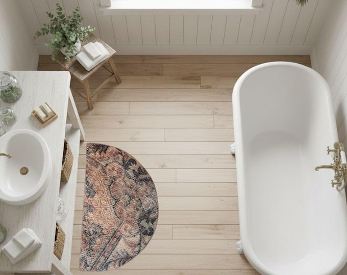 20x33 Inch Vintage Semicircle Rug Turkish Wool Neutral Entryway Mat