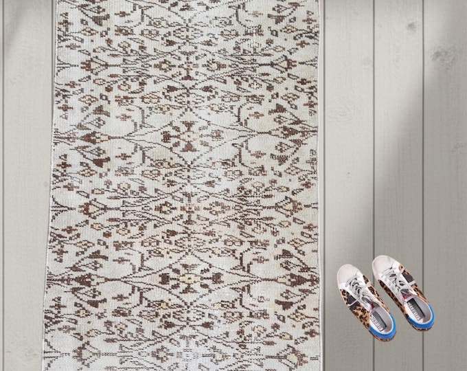 Vintage Turkish Hand-Knotted Runner Rug 2.4x5.8 ft | Distressed Ivory Brown Wool Carpet | Handmade Anatolian Allover Diamond Floral Rug