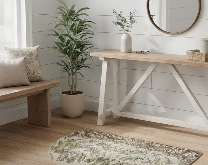 Vintage Floral Wool Semicircle Rug: Small Turkish Doormat (1.5x2.4 ft)