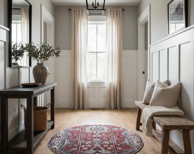 Vintage Red Wool Round Rug: 2x3 Ft Turkish Boho Decor