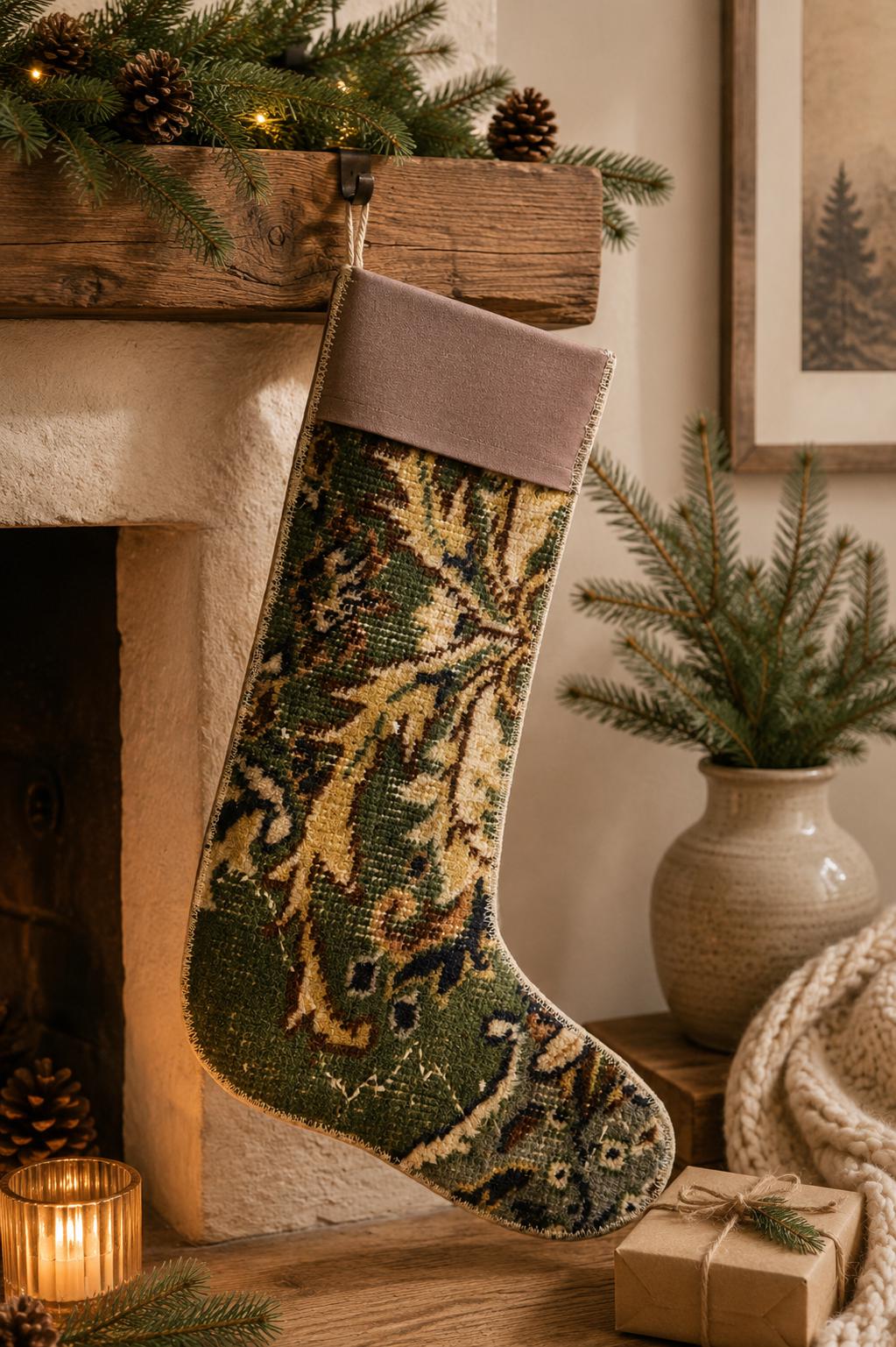 Turkish Rug Christmas Stocking, Vintage Wool Kilim, Forest Green Gold Mauve Boho Fireplace Decor