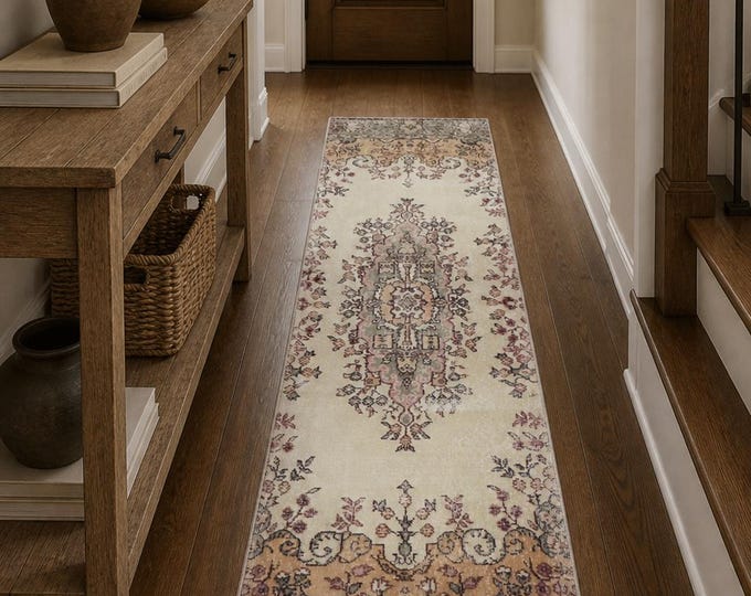 Turkish Runner Rug, Vintage Isparta Handwoven Wool Medallion, Distressed Ivory Peach, 2.6x8.9 ft