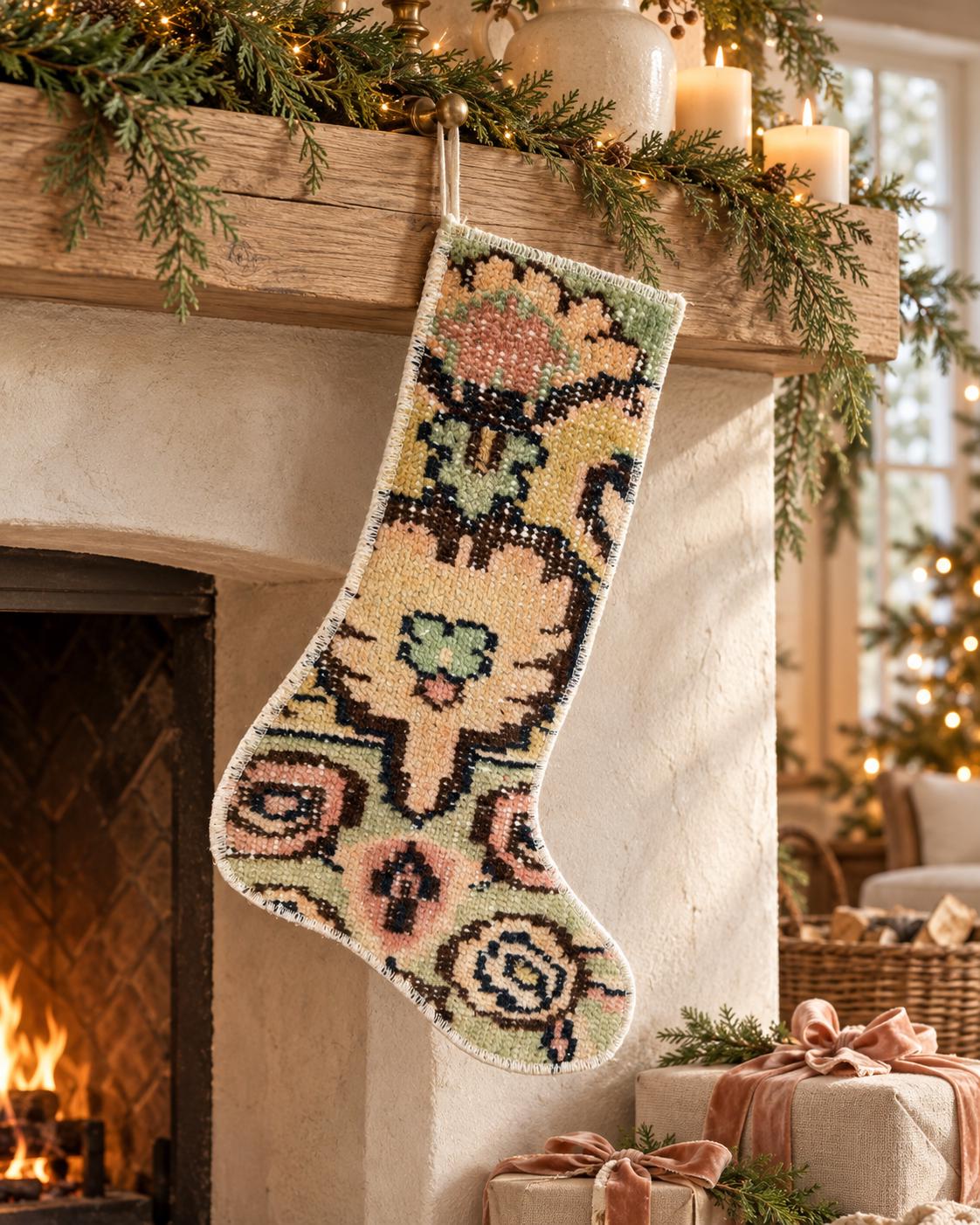 Vintage Turkish Rug Christmas Stocking, Large Peach Flower, Sage Salmon Mustard Brown, 11.8x16.1 in – view 2