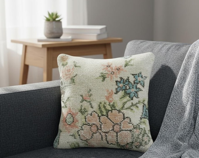 Vintage Floral Kilim Pillow Cover: Handwoven Turkish Throw Pillow (16x16)