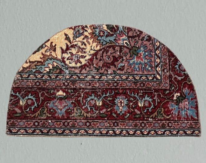 Vintage Floral Wool Turkish Rug: Half Circle Doormat