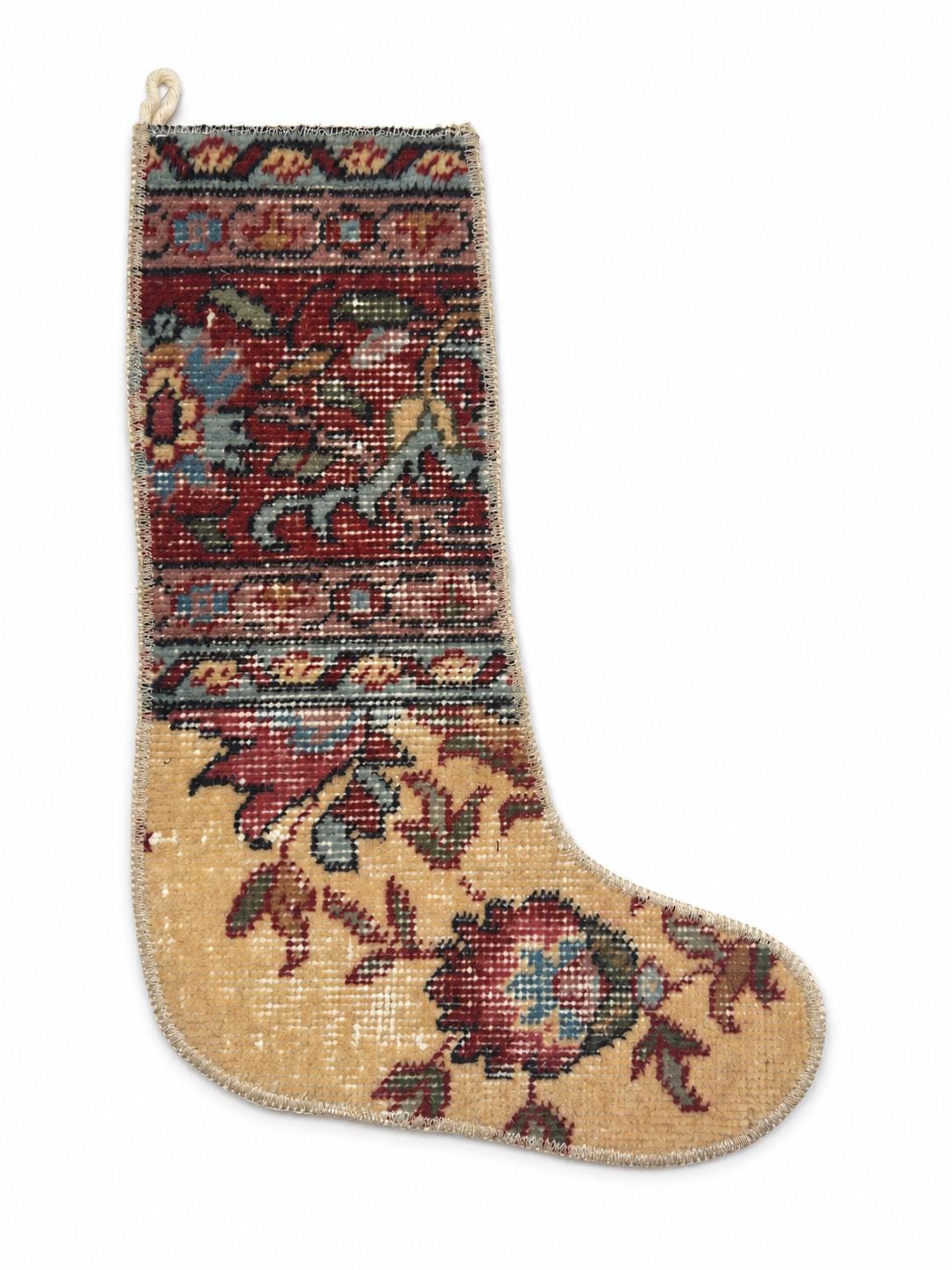 Vintage Hand Knotted Turkish Wool Rug Christmas Stocking, Ivory Floral, 17.7 x 12.2 in – view 4