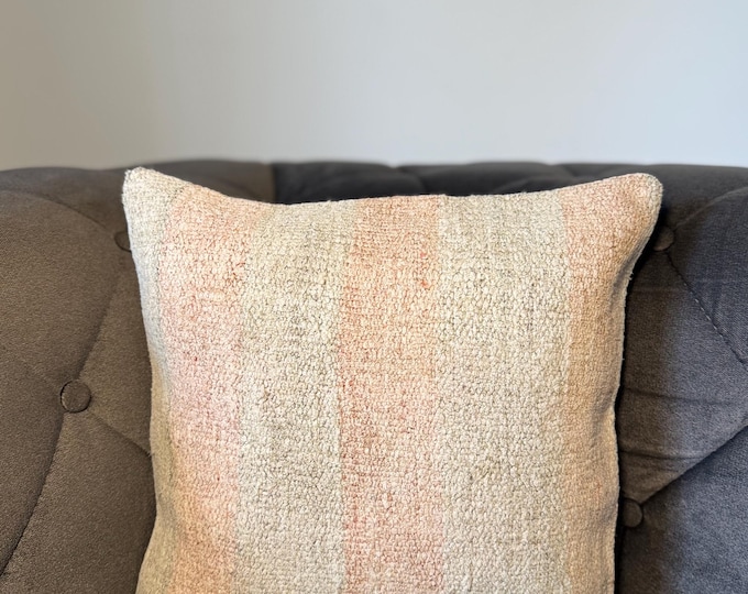 Vintage Hemp Pillow Cover, Dusty Rose Cream, Turkish Handwoven Boho Cushion 16x16