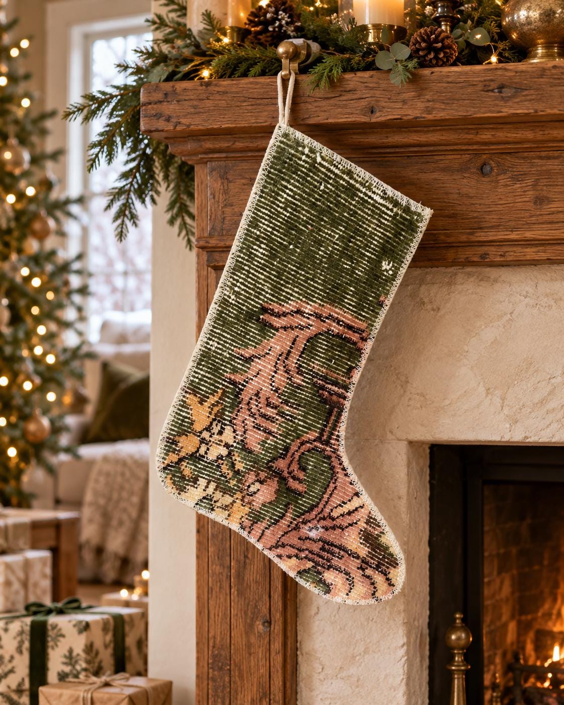 Vintage Turkish Rug Christmas Stocking, Earthy Olive Green Scroll, Dusty Rose Apricot, 12.6x14.6 in