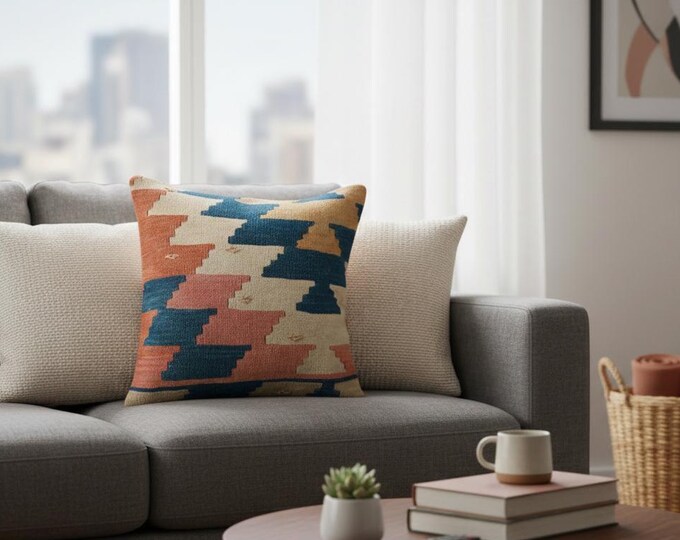 Vintage Kilim Pillow Cover: Boho Hemp Accent Pillow (16x16)
