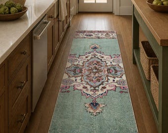 Vintage Türkischer Läufer Teppich, 1.6x5.8 ft, Salbeigrün Altrosa Medaillon