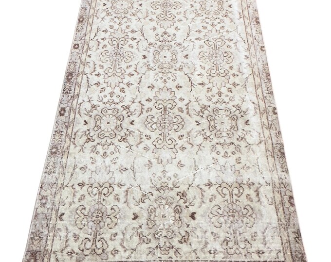 Vintage Turkish Isparta Rug, Hand Knotted Wool Floral, Distressed White Brown, 3.3x6.5 ft