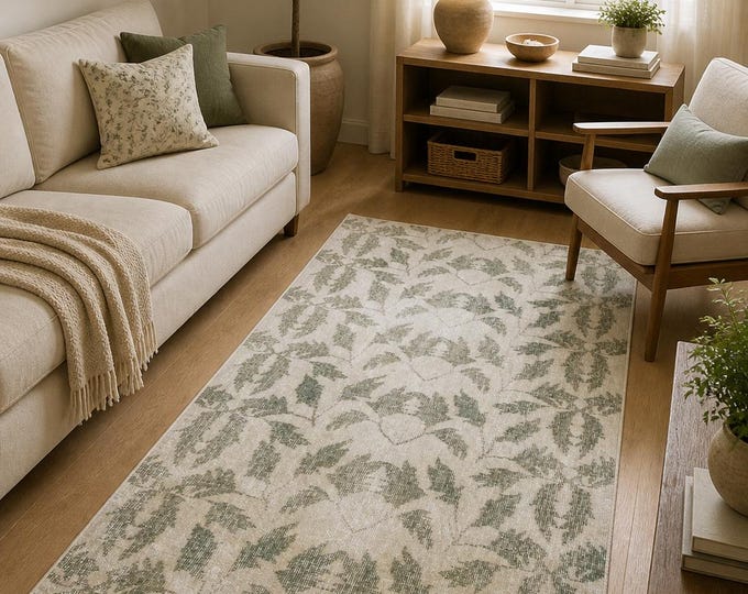 Vintage Turkish Isparta Rug, Hand Knotted Wool Leaf Floral, Distressed Sage Green Ivory,