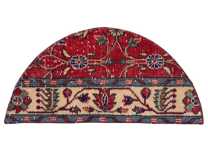 Vintage Turkish Isparta Semicircle Rug, Hand Knotted Wool Floral, Deep Red Ivory Border, Half Moon