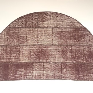 Tapis patchwork vintage demi-cercle 39,4 x 33,5 cm, tapis demi-rond en laine bordeaux