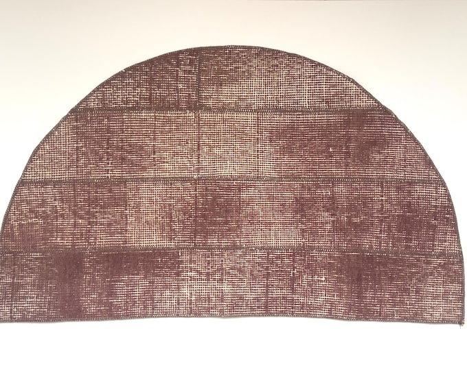 19.3x33.5 Inch Vintage Patchwork Semicircle Rug, Burgundy Wool Half Round Mat