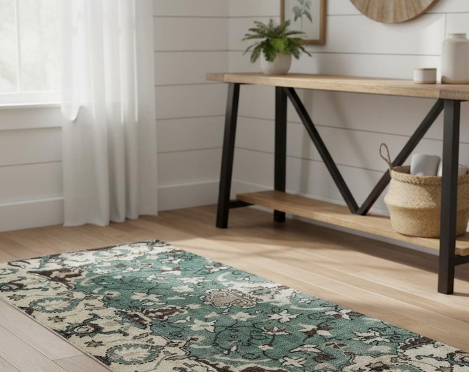 Vintage Green Turkish Runner – Handmade Wool Carpet, 1970s Anatolian Rug