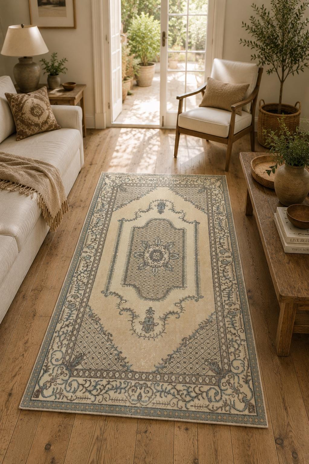 Vintage Turkish Area Rug, 3.9x6.7 ft, Ivory Beige Sage, Arch Oushak Medallion – view 3