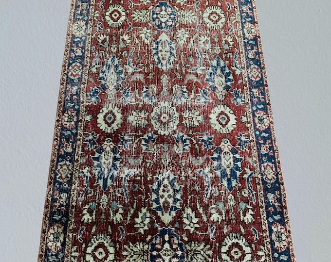 Vintage Turkish Wool Rug: Handmade Oushak, Blue & Red Boho Decor (3x6 ft)
