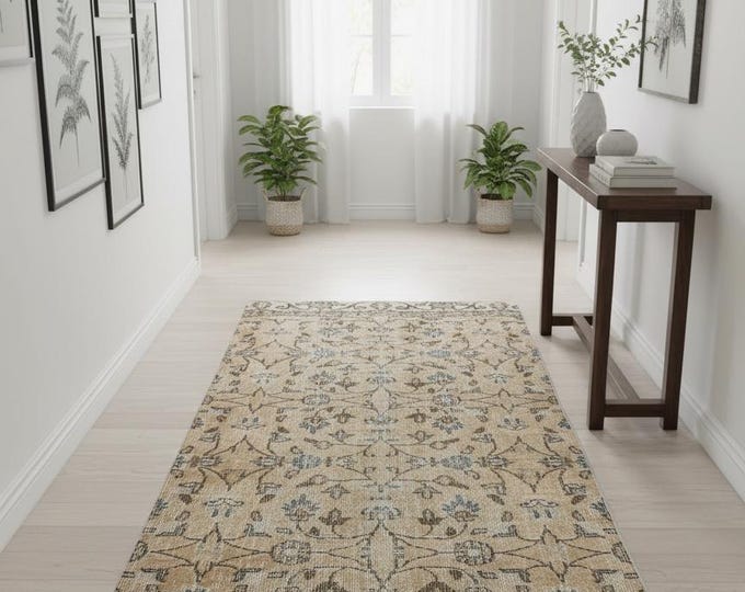 Turkish Runner Rug, Vintage Isparta Handwoven Wool Floral, Distressed Camel Gold Charcoal, 2.5x6.1 ft