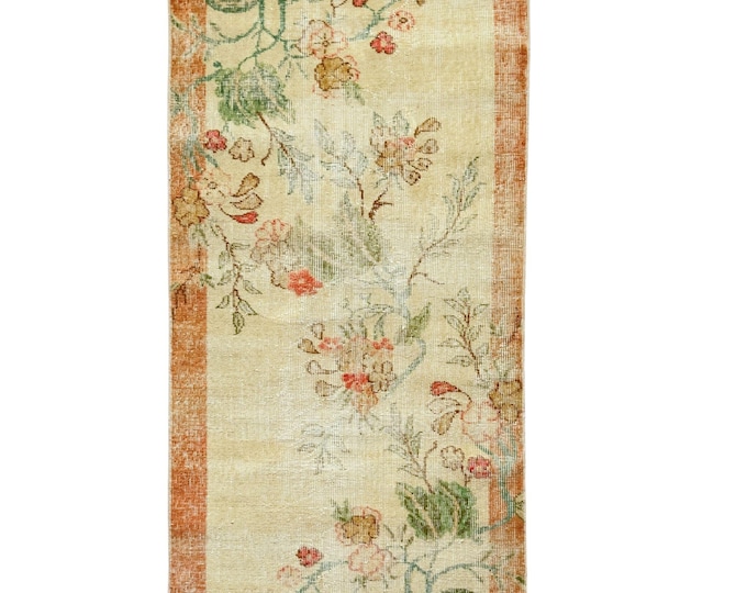 Floral Vintage Turkish Runner Rug 34x66 Inch Hand Knotted
