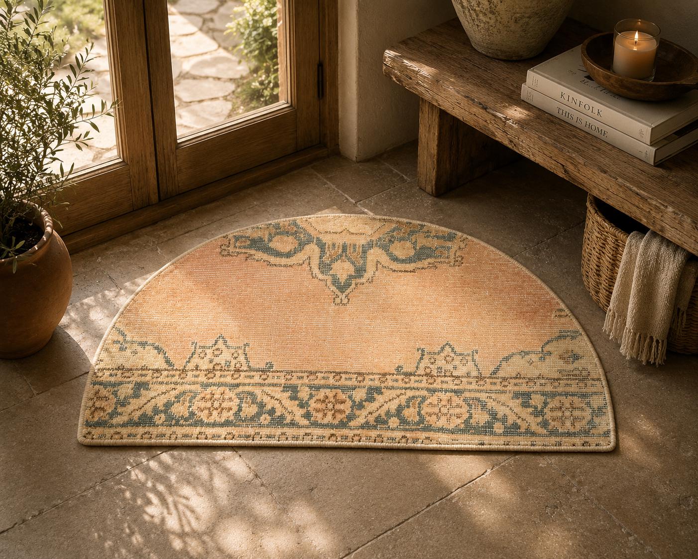 Vintage Turkish Semicircle Rug, Handwoven Wool Medallion, Peach Apricot Teal, 1.6x2.75 ft