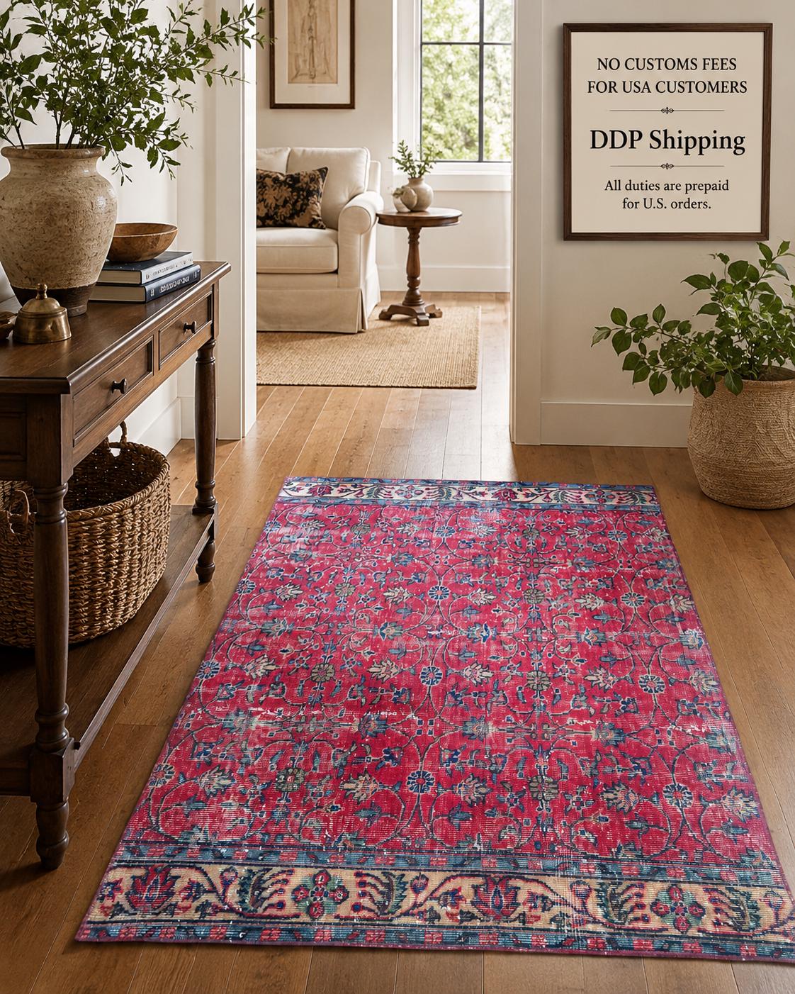 Vintage Turkish Isparta Area Rug, Hand-Knotted Wool Floral, Faded Crimson Red, 122x179 cm
